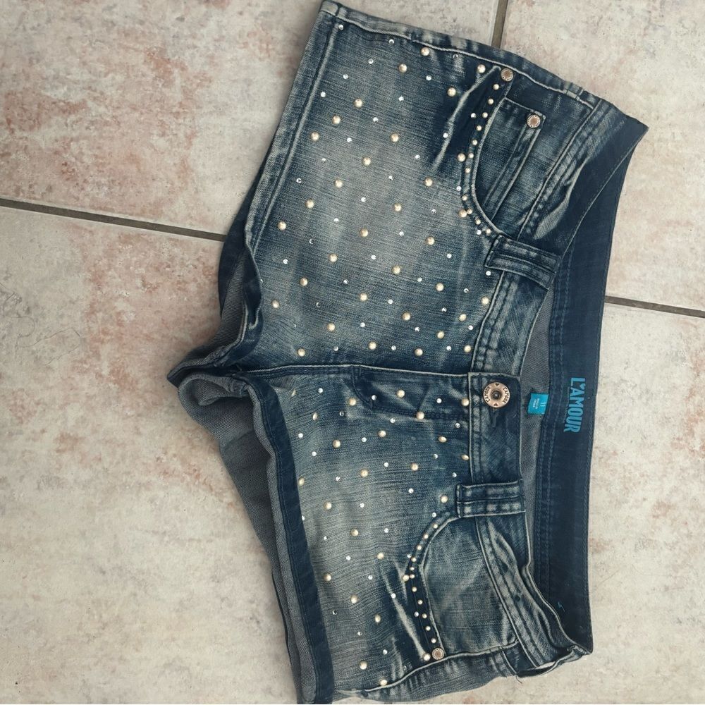 L’amour Nanette Lepore Jean Shorts Rhinestone Pearls y2k hot shorts embroidered